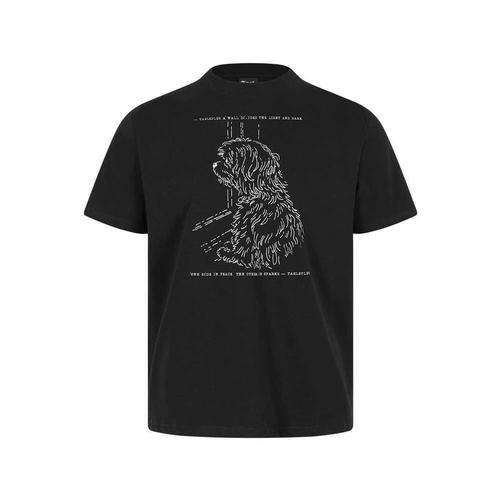Hand drawn animal dog print short sleeved t-shirt