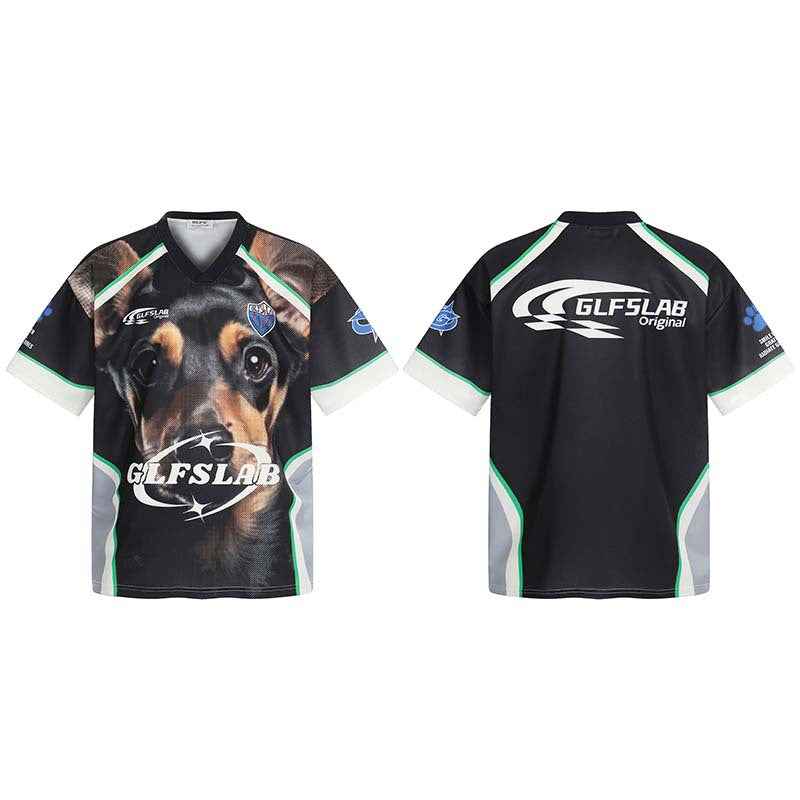 Animal pattern letter print contrasting splicing V-neck T-shirt