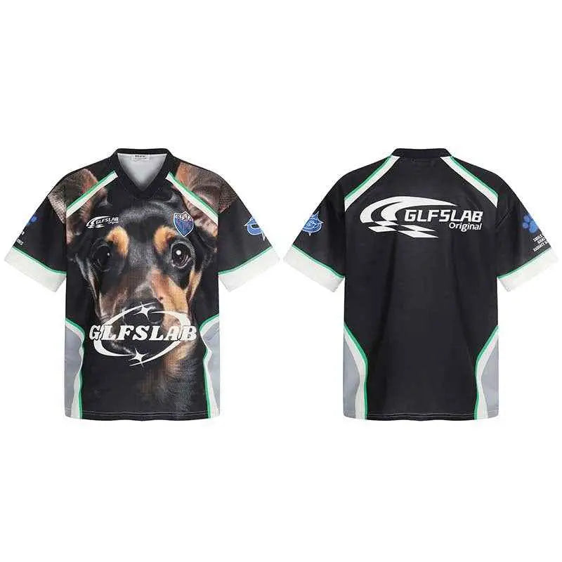 Animal pattern letter print contrasting splicing V-neck T-shirt