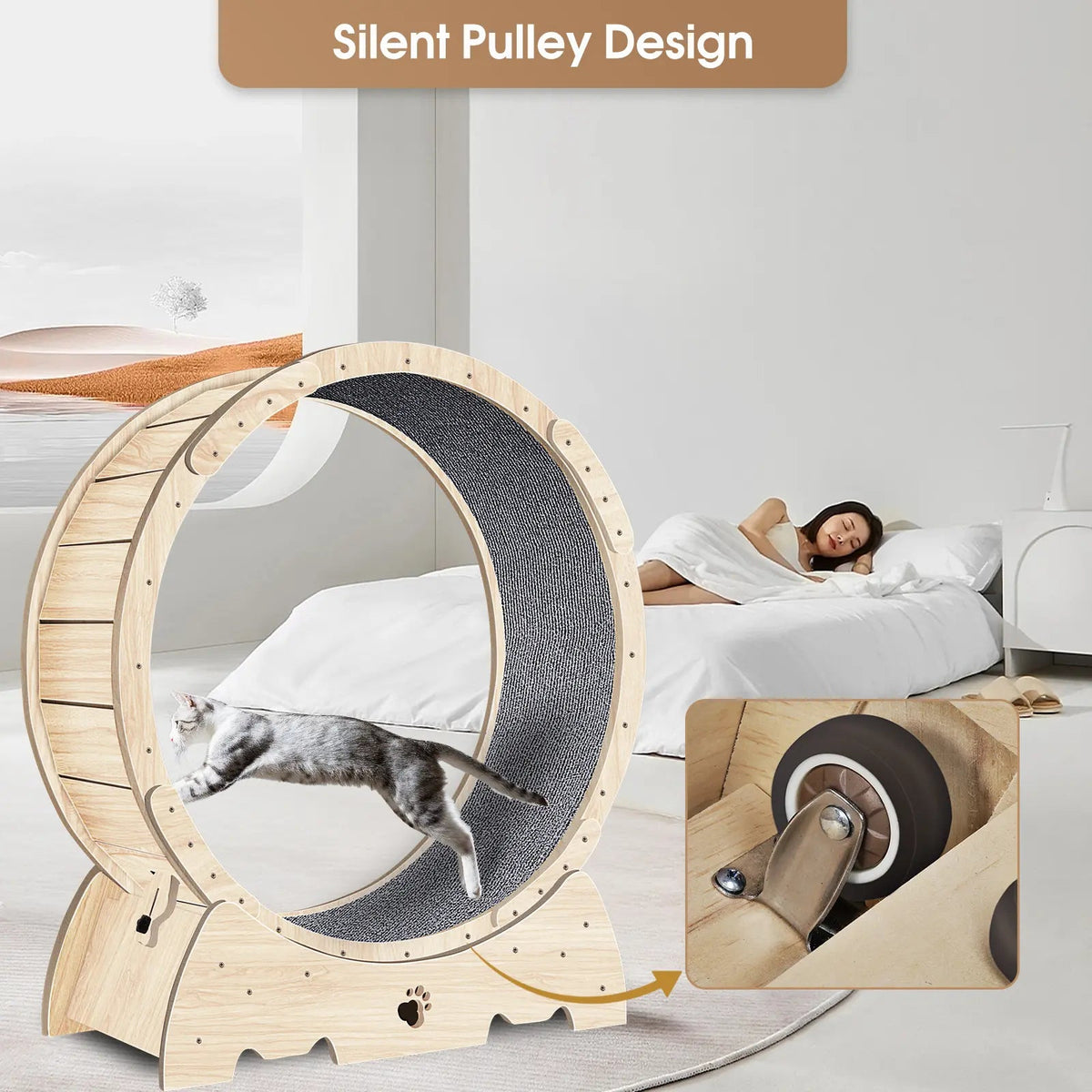 Cat Exercise Wheel for Indoor Cats, Cat Running Wheel with Carpeted Runway 37" Natural Wood Color eprolo