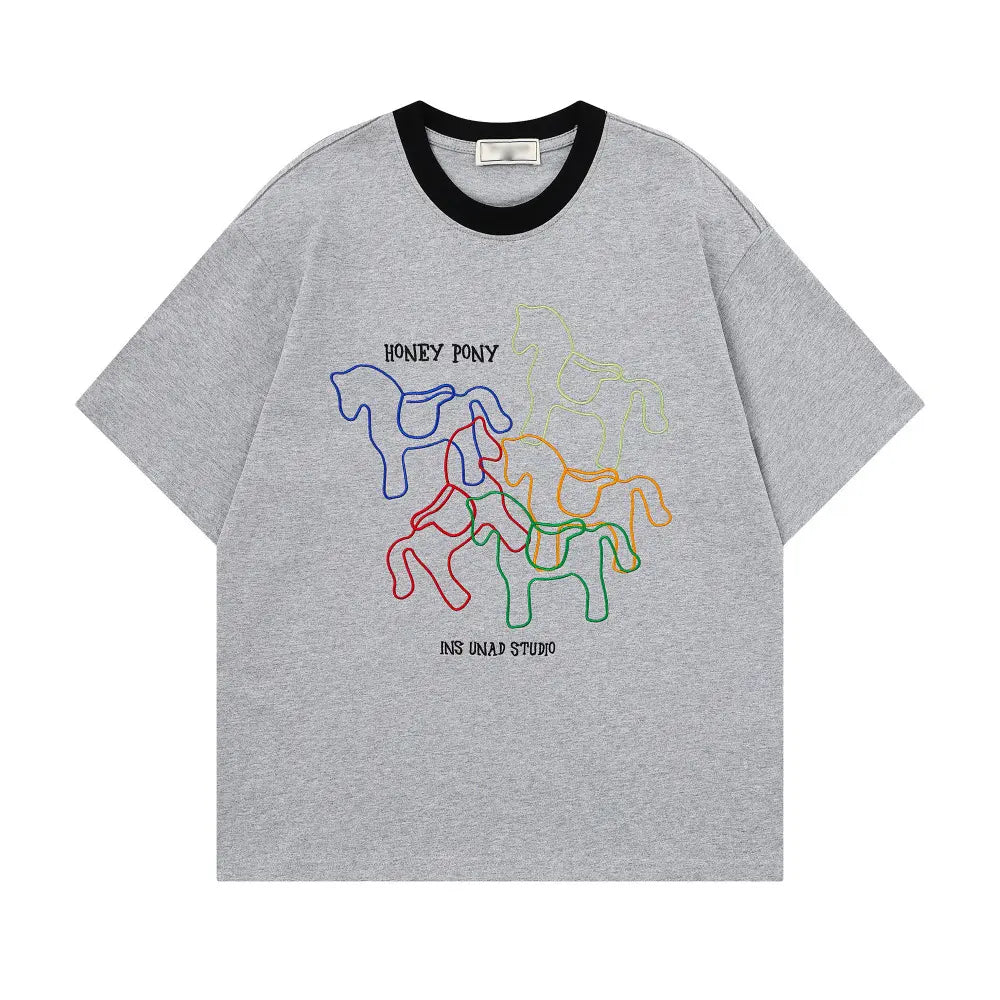 Animal horse 3D embroidery short sleeved t-shirt eprolo