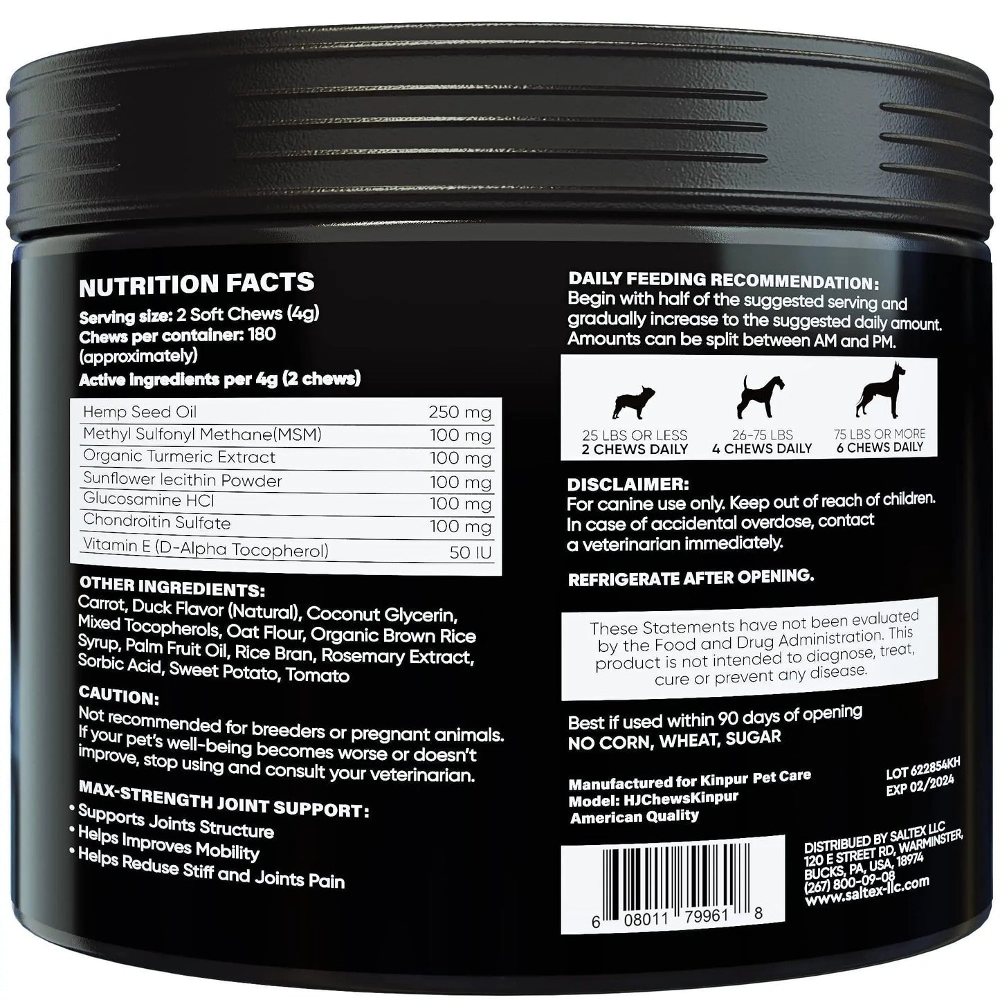 Hemp Joint Supplement for Dogs Dog Joint Supplement with Glucosamine, Chondroitin, MSM Supports Hip and Joint Heath, Better Mobility, Skin and Coat for All Breeds and Ages 180 Dog Chews, Duck Kinpur Pet Care