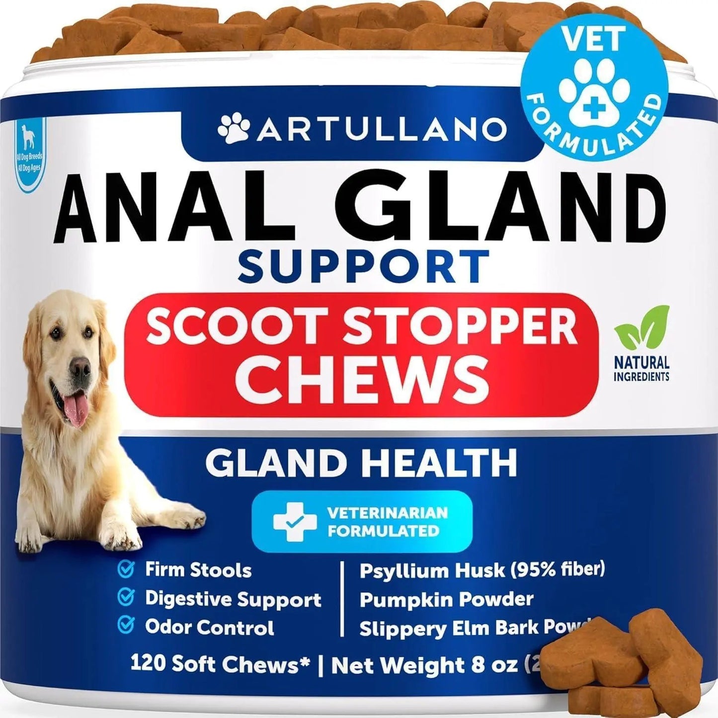Anal Gland Support Chews for Dogs Fiber Blend with Pumpkin Psyllium Slippery Elm Digestive Enzyme Supplement for Gut Anal Gland Health Stool Quality 120 Artullano