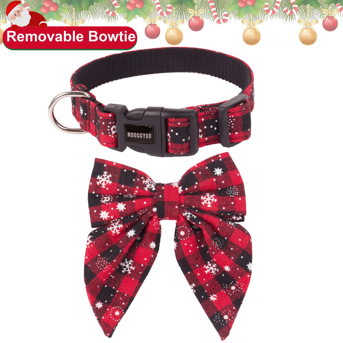 ADOGGYGO Christmas Dog Collar with Bow – Red & Green Plaid Cotton Dog Collar