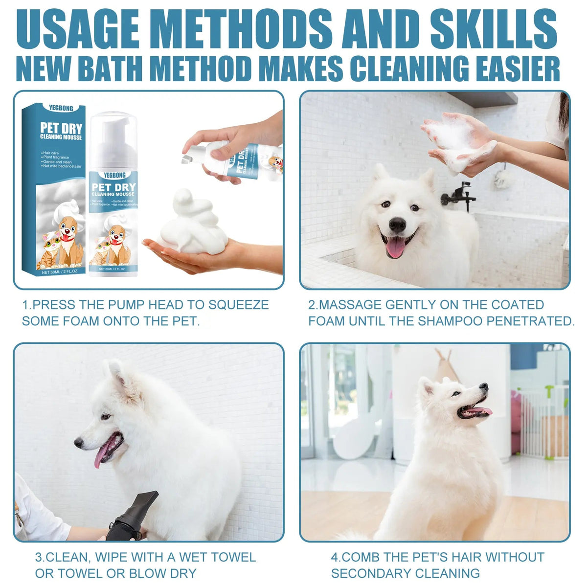 Pet Dry Cleaning Mousse Body Wash For Young Cats And Dogs Wash Free To Remove Odor And Smooth Hair Cleaning eprolo