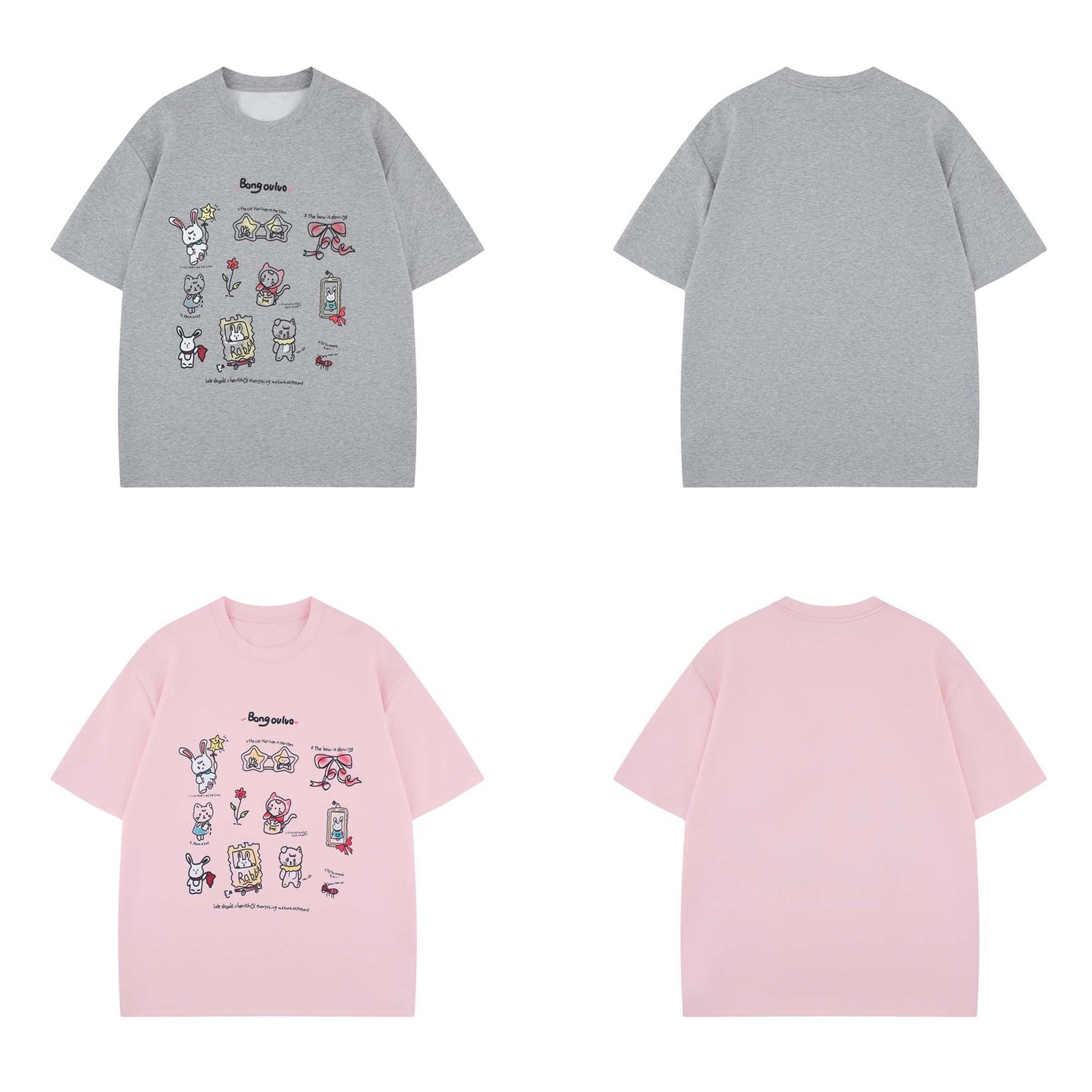 Street Style Fun Animal Letter Print Short Sleeve T-Shirt Unisex Loose Casual Three-Quarter Sleeve