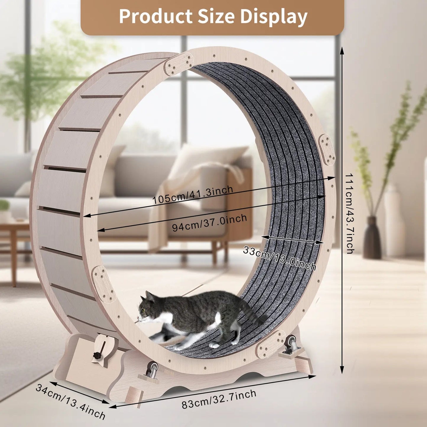 Cat Exercise Wheel for Indoor Cats, Cat Running Wheel with Carpeted Runway, 41" Natural Wood Color eprolo