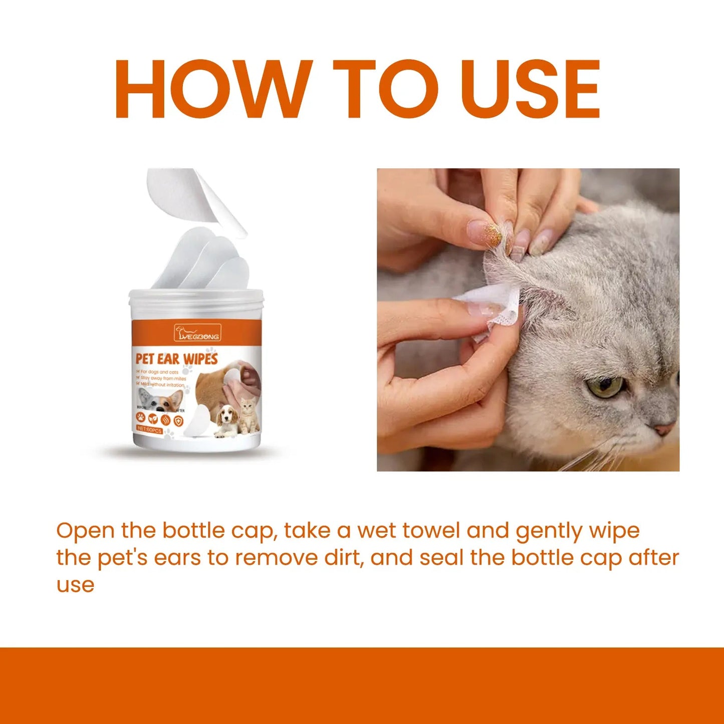 Yegbong Pet Ear Wipes, Pet Ear Cleaning Deodorizing Removing Mite And Earwax Cleaning Wipes eprolo