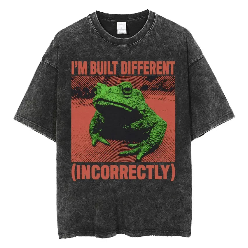 The Horrors Are Never Ending Yet I Remain Silly T-shirt Funny Japanese Style Frog Retro Washed T Shirt Men's Oversized Tees Tops Needora