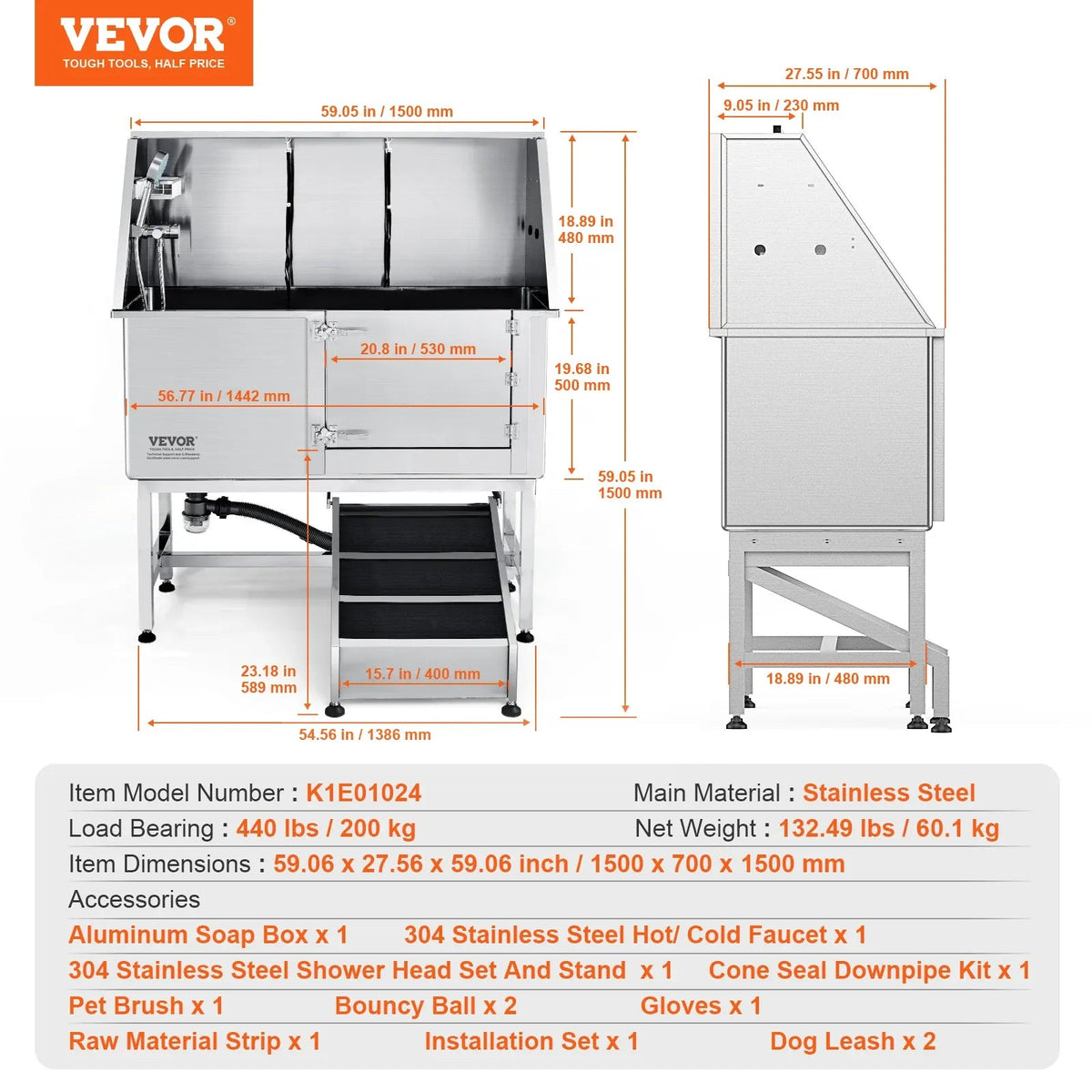 VEVOR 62" Pet Dog Grooming Tub Stainless Steel with Ramp Faucet Accessory Bathing Station for Large Small Pet Washing Sink Needora