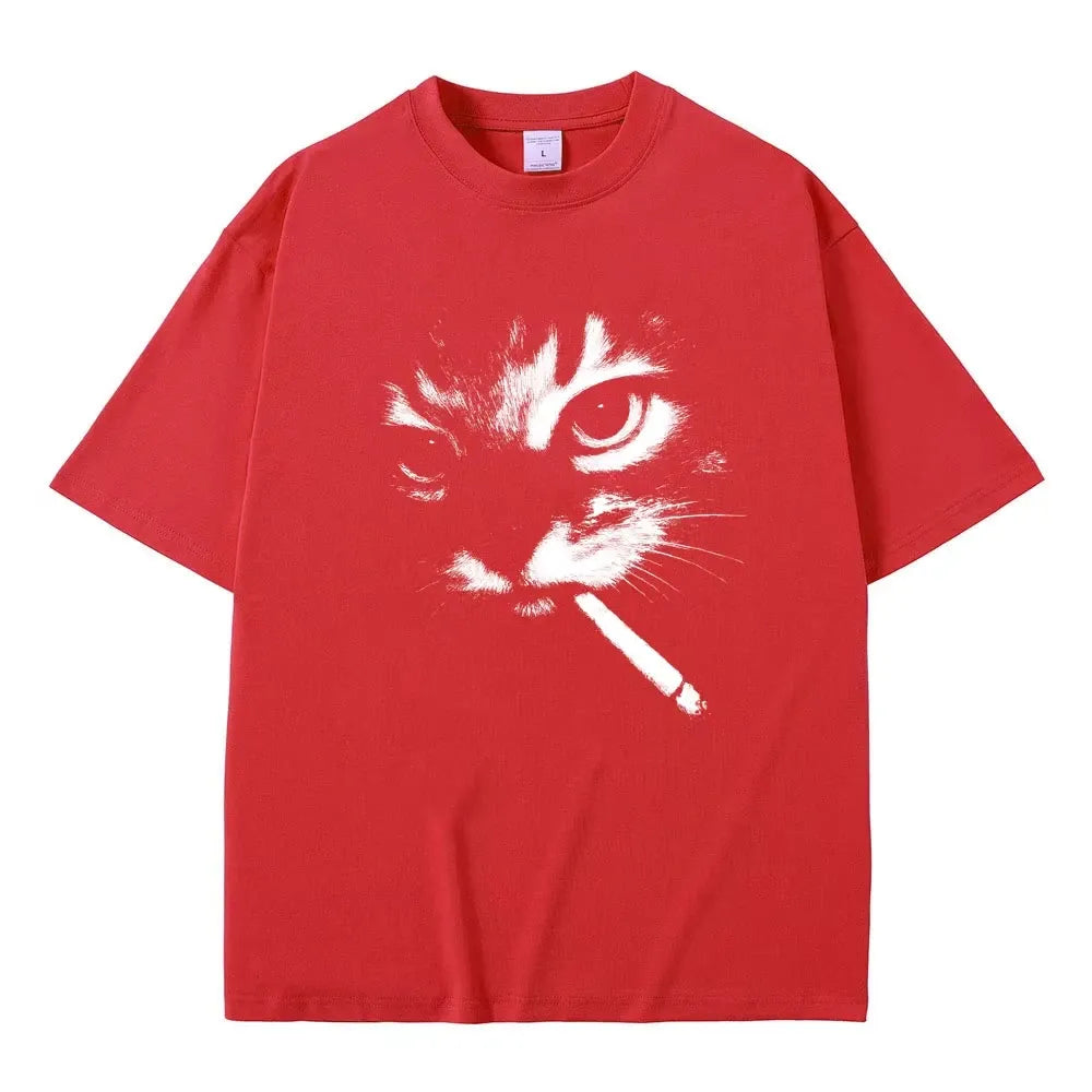 Funny Meme Smoking Cat Face Graphic T-shirts Men Women Casual Cotton Vintage T Shirts Men's Oversized T-shirts Cats Lovers Gifts Needora