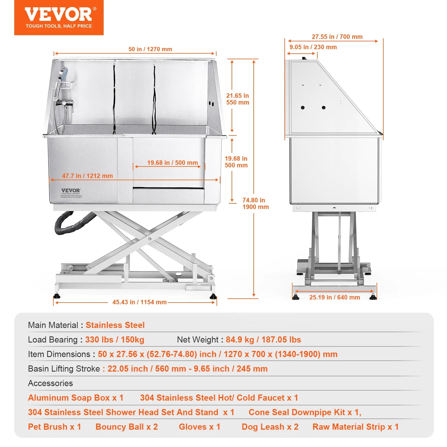 VEVOR 50" Pet Dog Grooming Tub Electric Height Adjustment Stainless Steel Bathing Station Bathtub for Multiple Pets Washing Sink