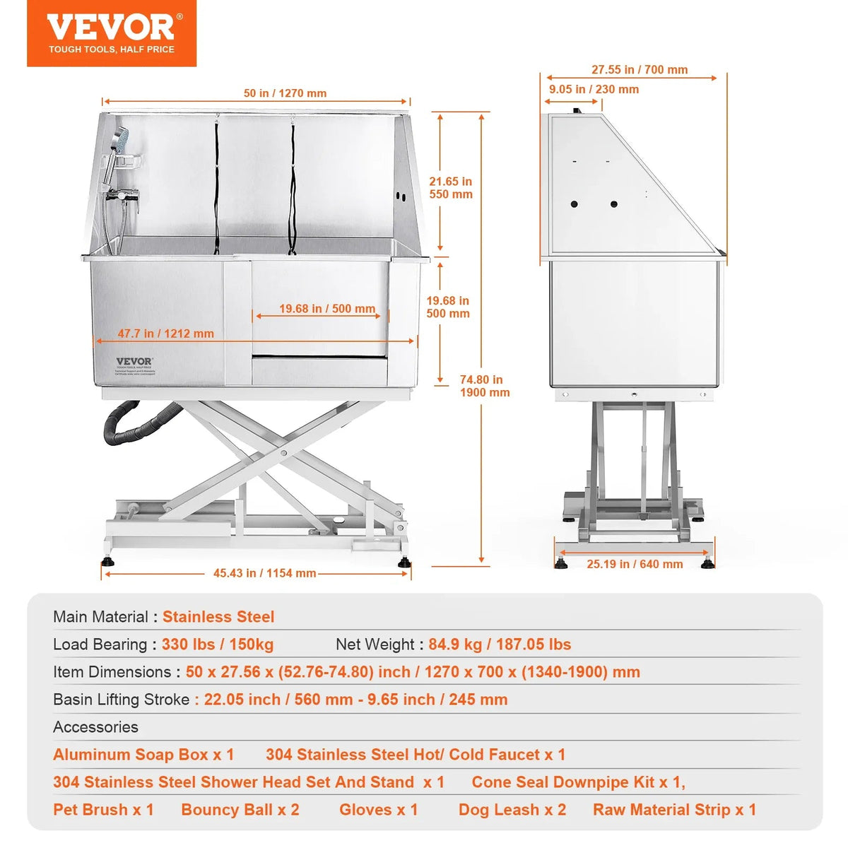 VEVOR 50" Pet Dog Grooming Tub Electric Height Adjustment Stainless Steel Bathing Station Bathtub for Multiple Pets Washing Sink Needora