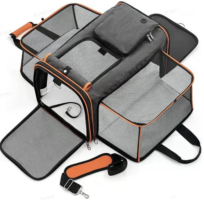2025 New Large Capacity Carrier Cat Pet Airlines Approved Reflective Tape Cat Travel Bag Expandable Foldable Soft Dog Carrier