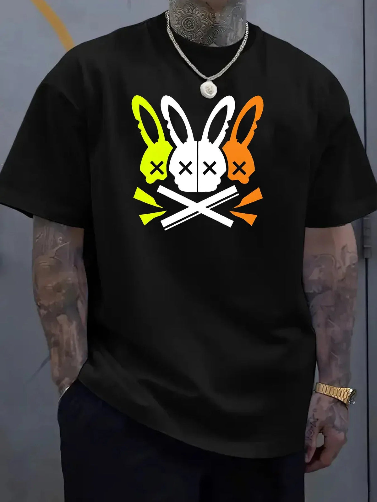 Men's casual round neck T-shirt with unique rabbit skull pattern - the perfect choice for summer Needora