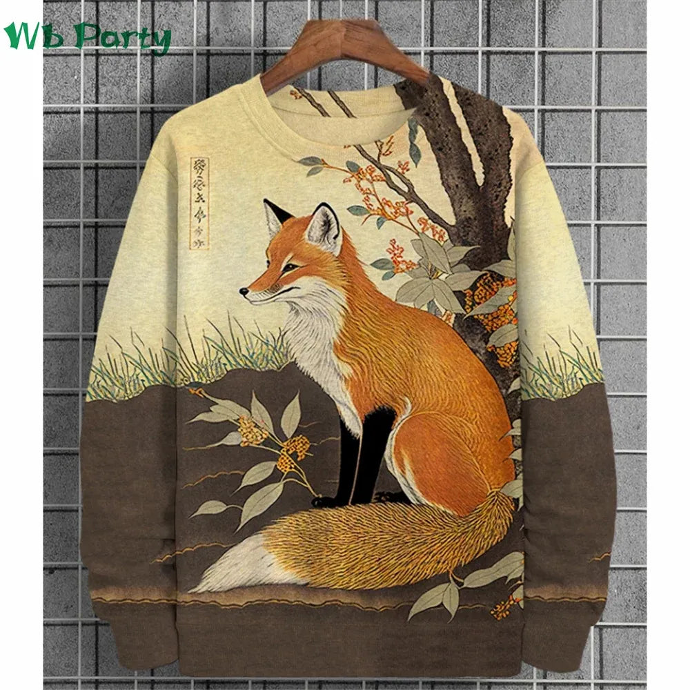 Fashion Animal Print Men's Clothing 3D Print Ukiyo-E Men's Long Sleeve T-shirt Animal Graphic T shirts Round Neck Mens Clothes Needora