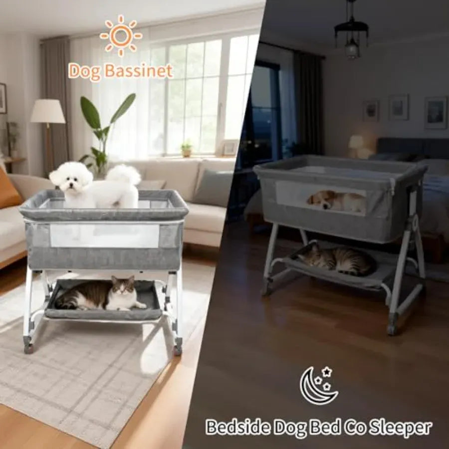 Bedside Dog Bed Sleeper 6-Level Adjustable Pet Bassinet with Lockable Wheels Removable Washable Cover Breathable Mesh Large Sto