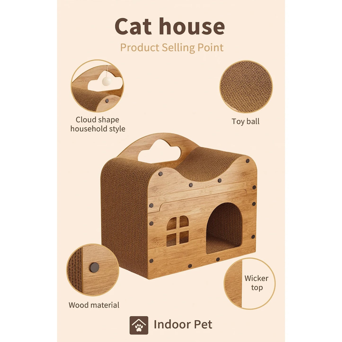Spacious Cat House for Indoor & Outdoor Use - Multi-Feature Condo with Dual Scratching Boards, Plush Balls, and Ventilation Door