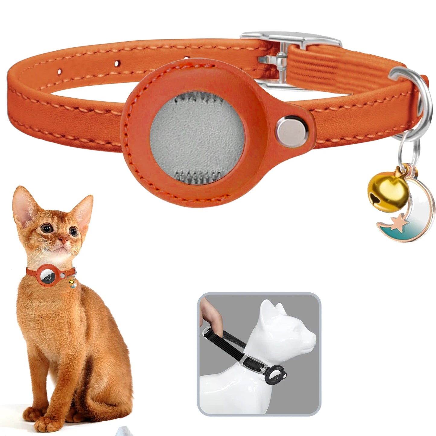Leather AirTag Cat Collar with Bell -Elastic band Kitten Collar with Apple Air Tag Holder - Pet Collars forCats, Small Dogs