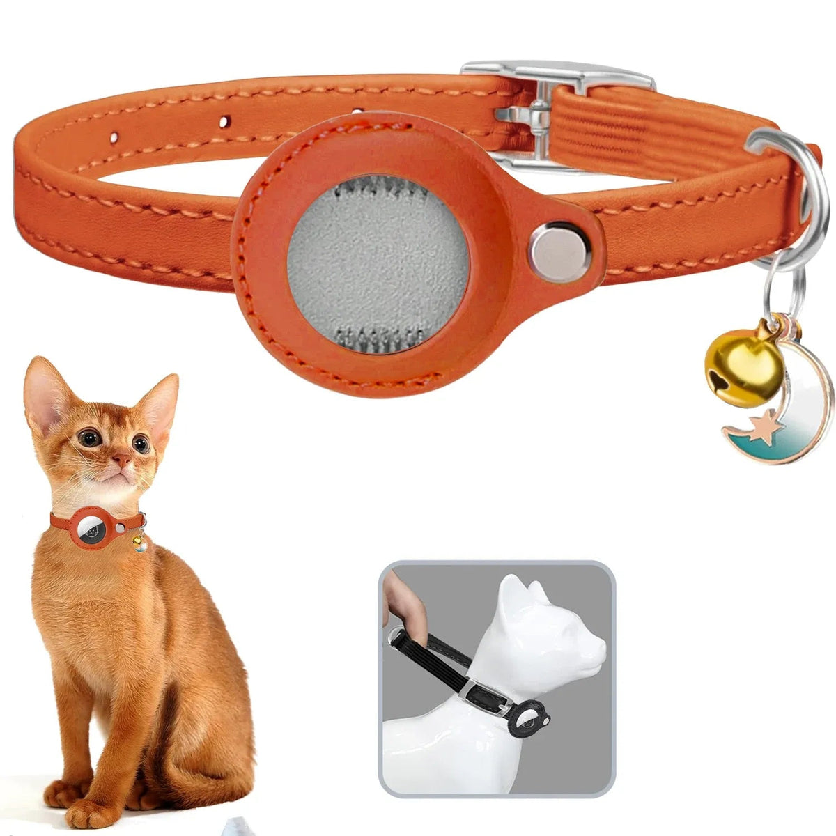 Leather AirTag Cat Collar with Bell -Elastic band Kitten Collar with Apple Air Tag Holder - Pet Collars forCats, Small Dogs Needora