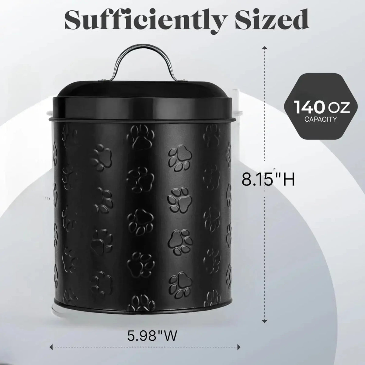 Amici Pet Puppy Paws Black Metal Canister with Embossed Paw Design - Large 140 oz Airtight Food Storage Jar for Wet or Dry Pe - Needora
