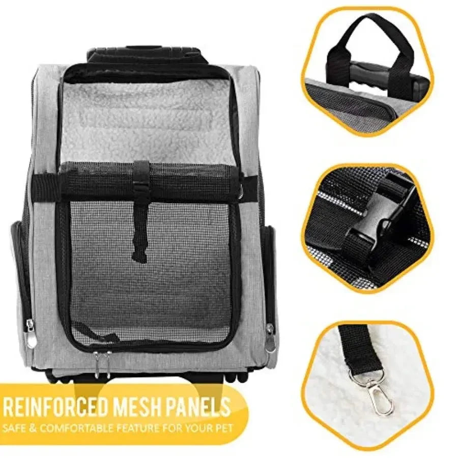 Deluxe Backpack Pet Travel Carrier with Double Wheels for Pets up to 10 Pounds - Black - Approved by Most Airlines - Needora
