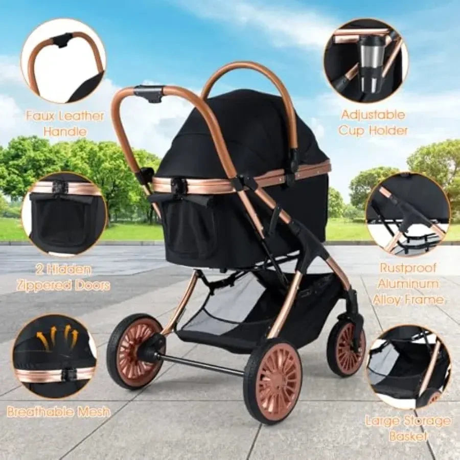 Pet stroller for small medium dogs: foldable 4-wheel design with removable carrier, sun shade, padded seat, safety belt, storag - Needora