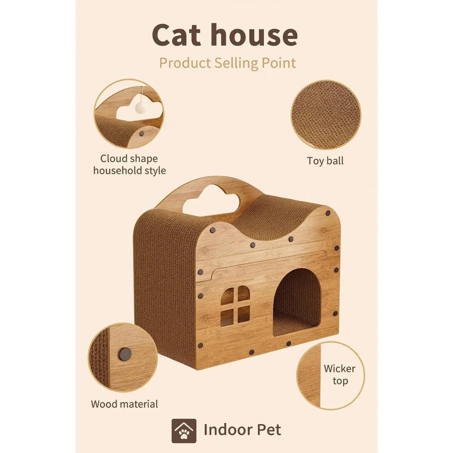 Spacious Cat House for Indoor & Outdoor Use - Multi-Feature Condo with Dual Scratching Boards, Plush Balls, and Ventilation Door - Needora
