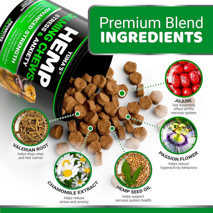 YUMA'S (2 Pack) Hemp Calming Chews for Dogs   Advanced Dog Calming Treats   Dog Calming Chews   340 Chews   Anxiety Relief Treats   Separation Aid Barking Stress Relief   Melatonin   Hemp Oil