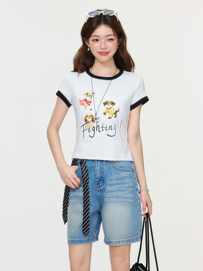 White Round Neck Regular Shoulder Animal Letter Print T-Shirt