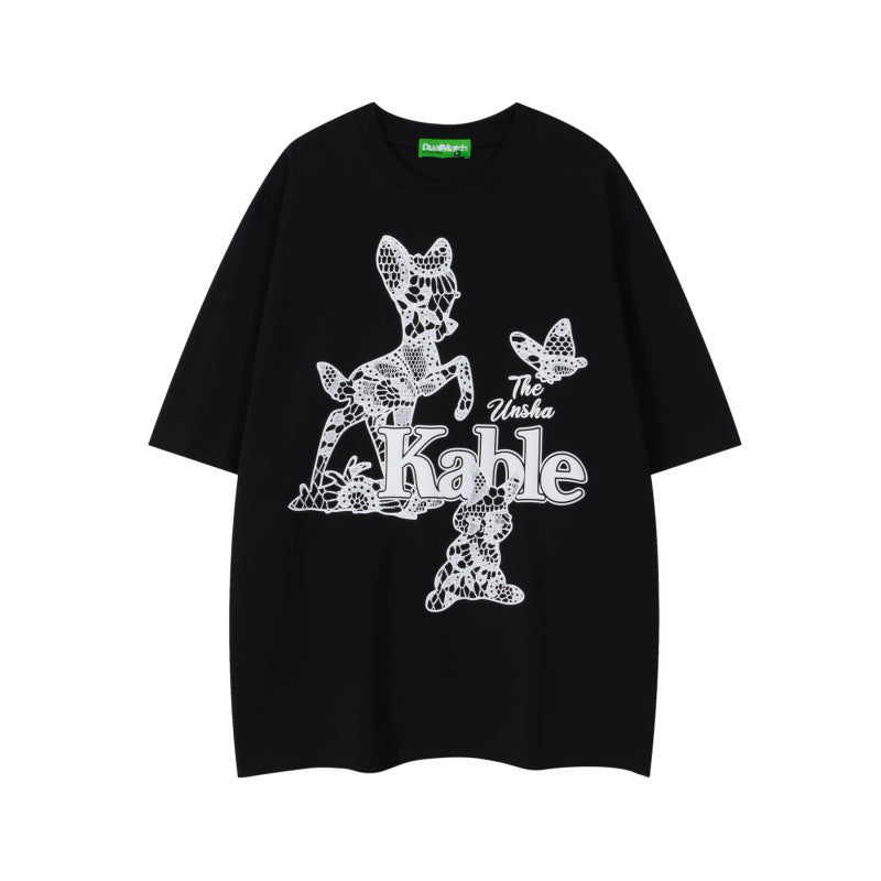 Animal print T-shirt for men and women with loose short sleeves