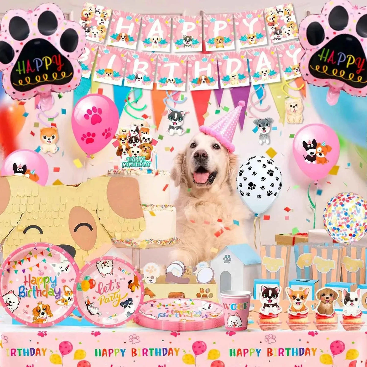 161-Piece Puppy Birthday Party Decorations & Pink Dog Tableware Set - Needora