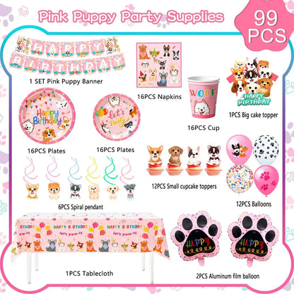 161-Piece Puppy Birthday Party Decorations & Pink Dog Tableware Set - Needora