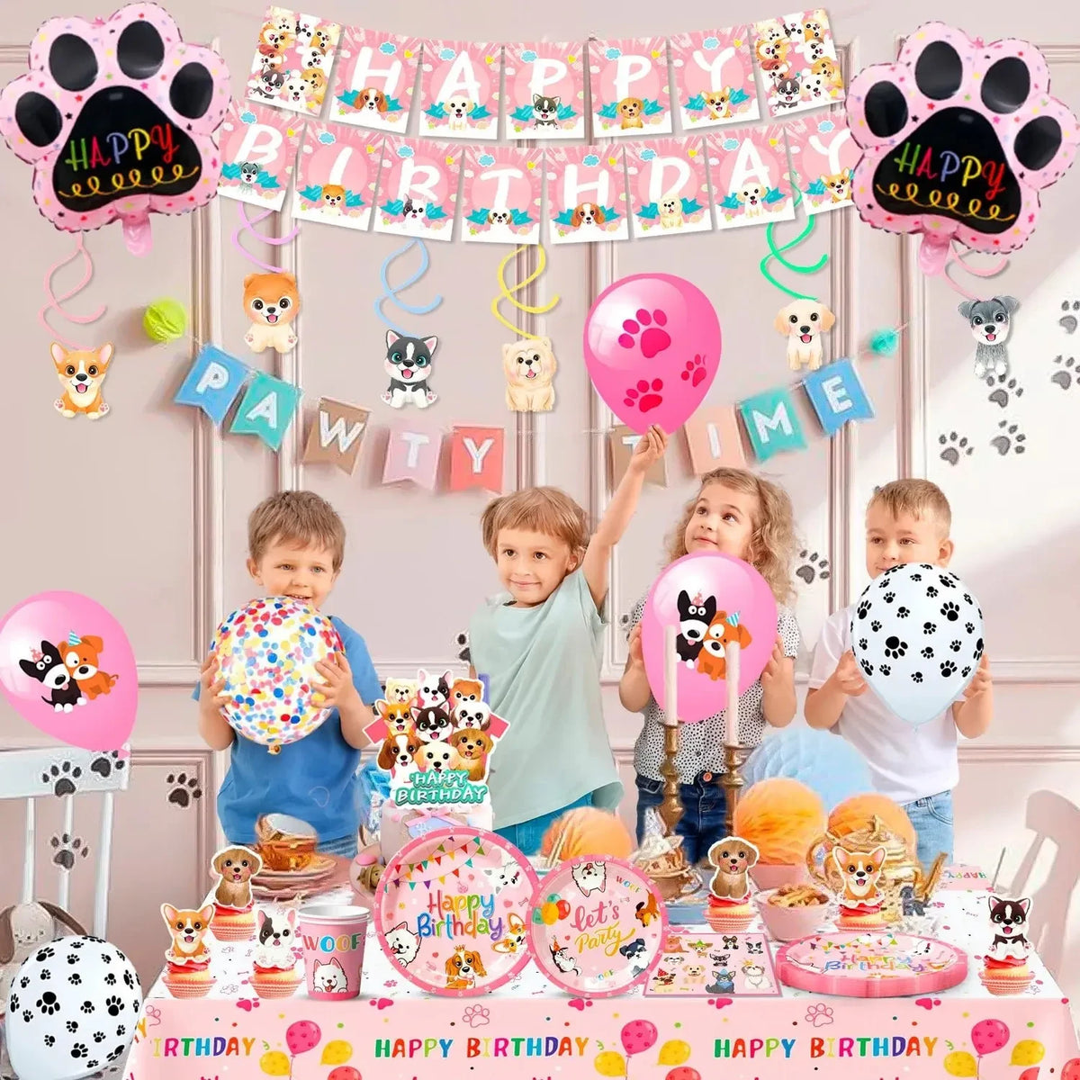 161-Piece Puppy Birthday Party Decorations & Pink Dog Tableware Set - Needora