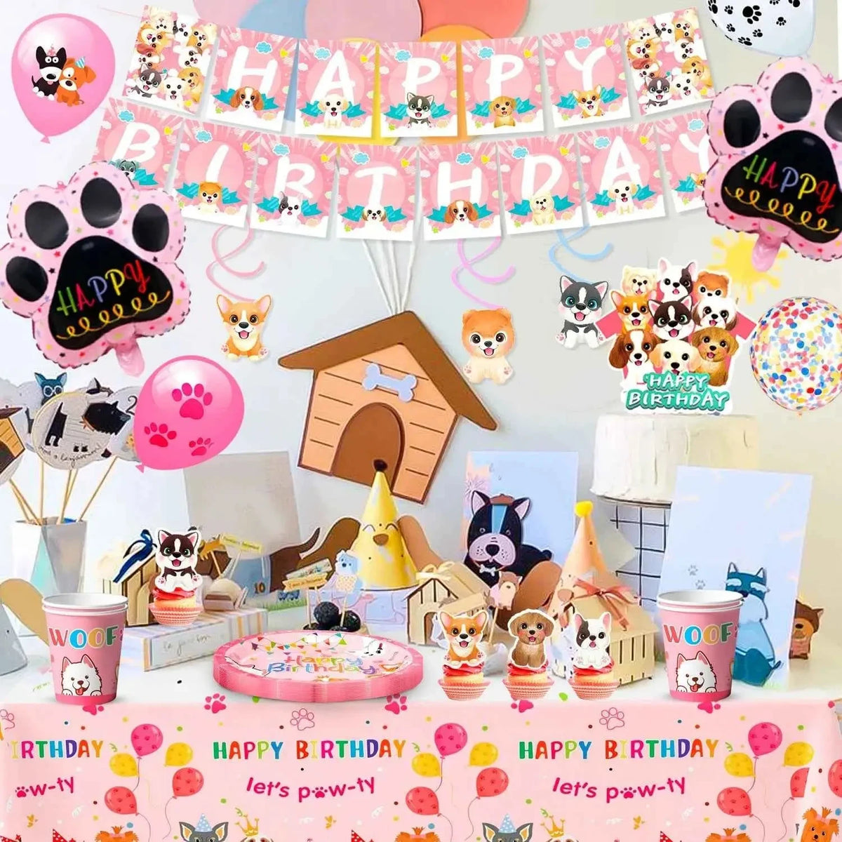 161-Piece Puppy Birthday Party Decorations & Pink Dog Tableware Set - Needora