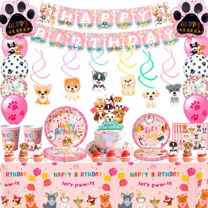 161-Piece Puppy Birthday Party Decorations & Pink Dog Tableware Set - Needora