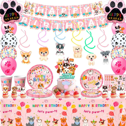 161-Piece Puppy Birthday Party Decorations & Pink Dog Tableware Set - Needora