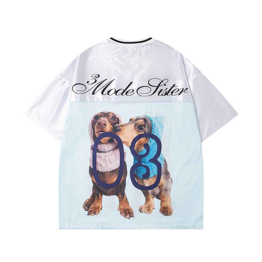Animal Dog Print Sports Jersey Loose V-neck Short Sleeve T-shirt for Men in Summer, Trendy Spliced Mesh Breathable Quick-Dry Design