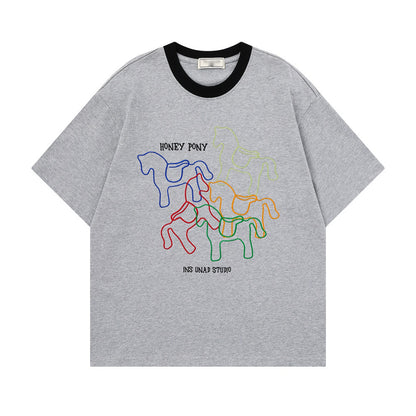 Animal horse 3D embroidery short sleeved t-shirt