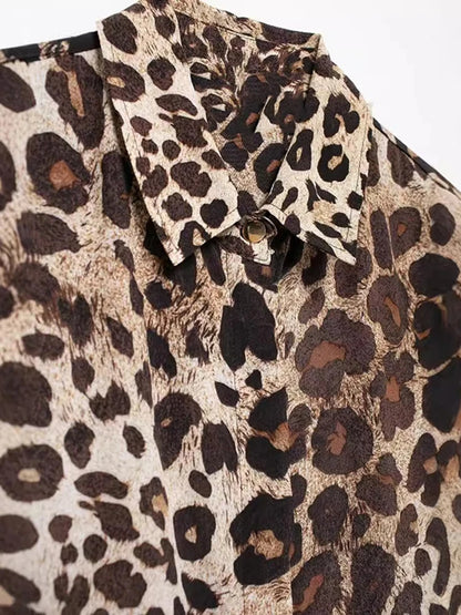 Flip collar single breasted animal print versatile shirt for women