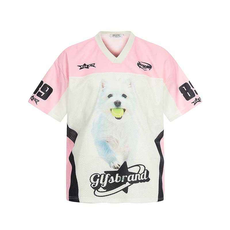 Splicing animal pattern letter print V-neck short sleeved shirt