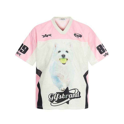 Splicing animal pattern letter print V-neck short sleeved shirt