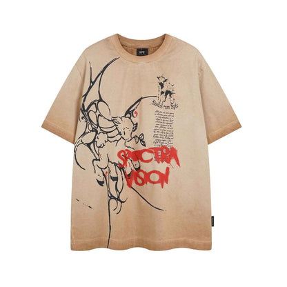High Street Style Water-Washed Faded Animal Letter Print Short Sleeve T-Shirt Unisex Loose Casual Top
