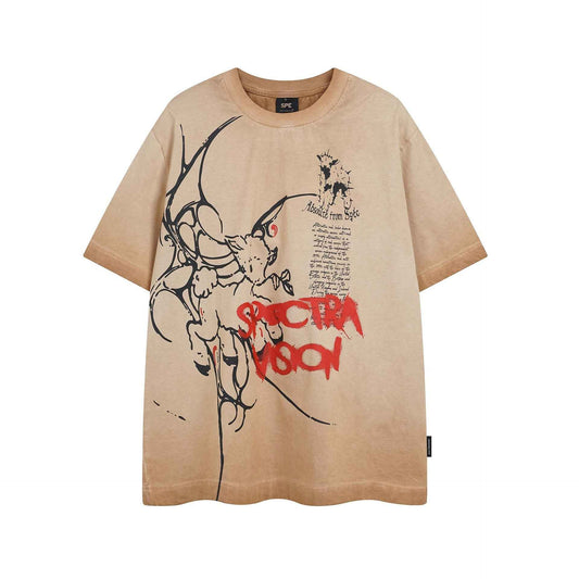High Street Style Water-Washed Faded Animal Letter Print Short Sleeve T-Shirt Unisex Loose Casual Top