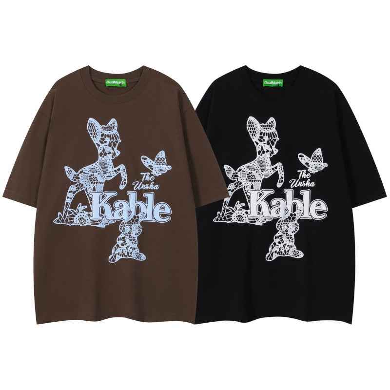 Animal print T-shirt for men and women with loose short sleeves