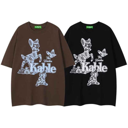 Animal print T-shirt for men and women with loose short sleeves