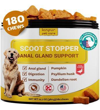 Scoot Stopper Dog Soft Chews w/Fiber  Stool Hardener for Dog Anal Gland Treatment, Digestion Support 180 Tasty Chews w/Natural Flaxseed, Pumpkin and Psyllium Husk for Dog Comfort