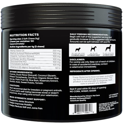 Hemp Joint Supplement for Dogs  Dog Joint Supplement with Glucosamine, Chondroitin, MSM  Supports Hip and Joint Heath, Better Mobility, Skin and Coat  for All Breeds and Ages  180 Dog Chews, Duck