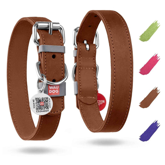 WAUDOG Long Lasting Leather Dog Collar for Large Dogs Medium & Small Dogs   Adjustable Classic Puppy Collars for Large Breed Dogs   Boy & Girl Dog Collars with Durable Buckle D Ring & QR Dog Tag