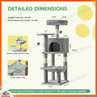 44 Inch Tall Cat Tree Tower for Multiple Cats with Sisal Scratching Posts Condo Perch Platform Indoor Cat Furniture Pet - Needora